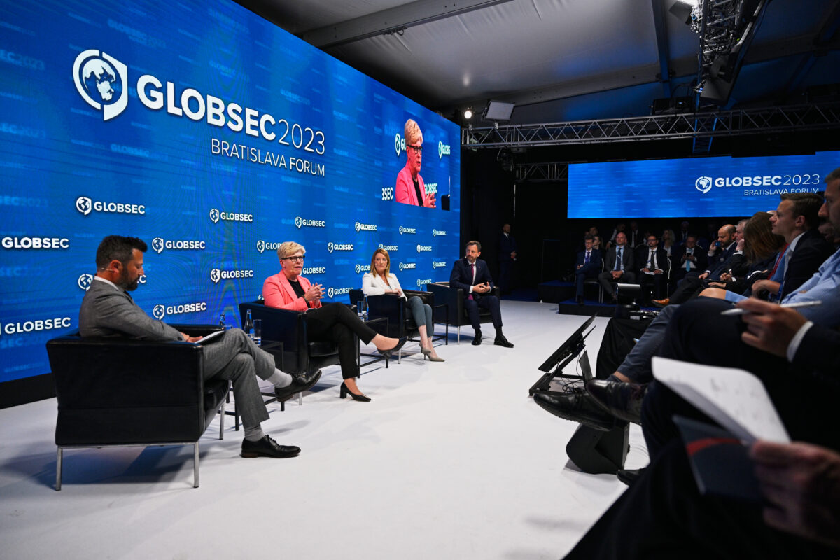 Panel discussion at GLOBSEC 2023 featuring experts debating security challenges. Gain insight into the types of discussions planned for the GLOBSEC 2024 Forum.