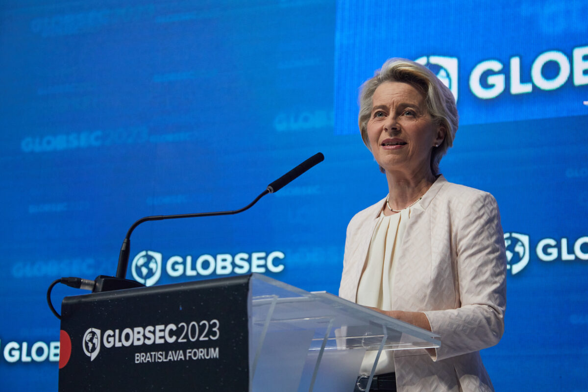 Ursula von der Leyen speaking at GLOBSEC 2023, providing insights into European policy directions. Learn more about the GLOBSEC 2024 Forum's approach to global dialogue.