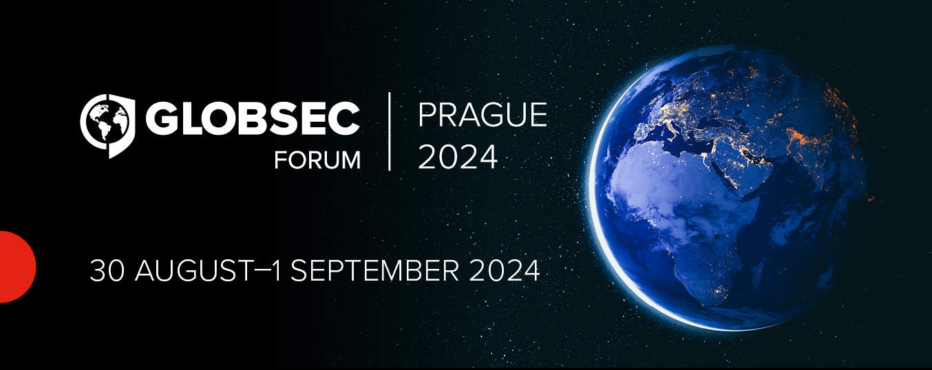 Decorative graphic showing details of the GLOBSEC 2024 Forum in Prague, indicating the conference will take place from August 30 to September 1, 2024.
